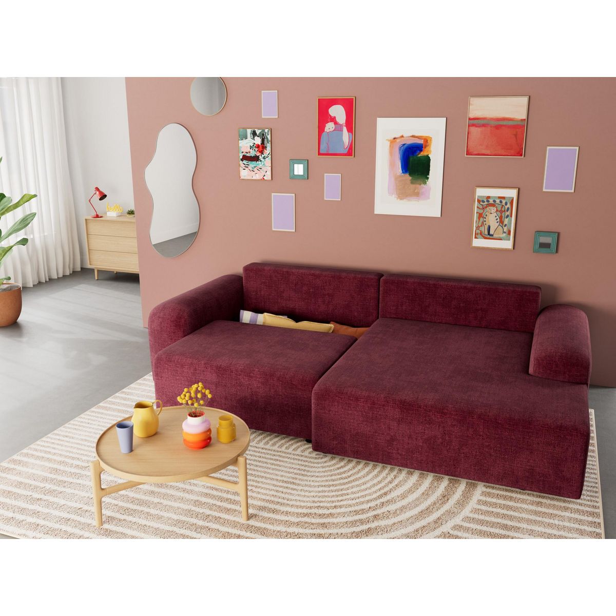 BEST MOBILIER Rebecca - canapé d'angle droit 4 places convertible avec coffre en velours texturé