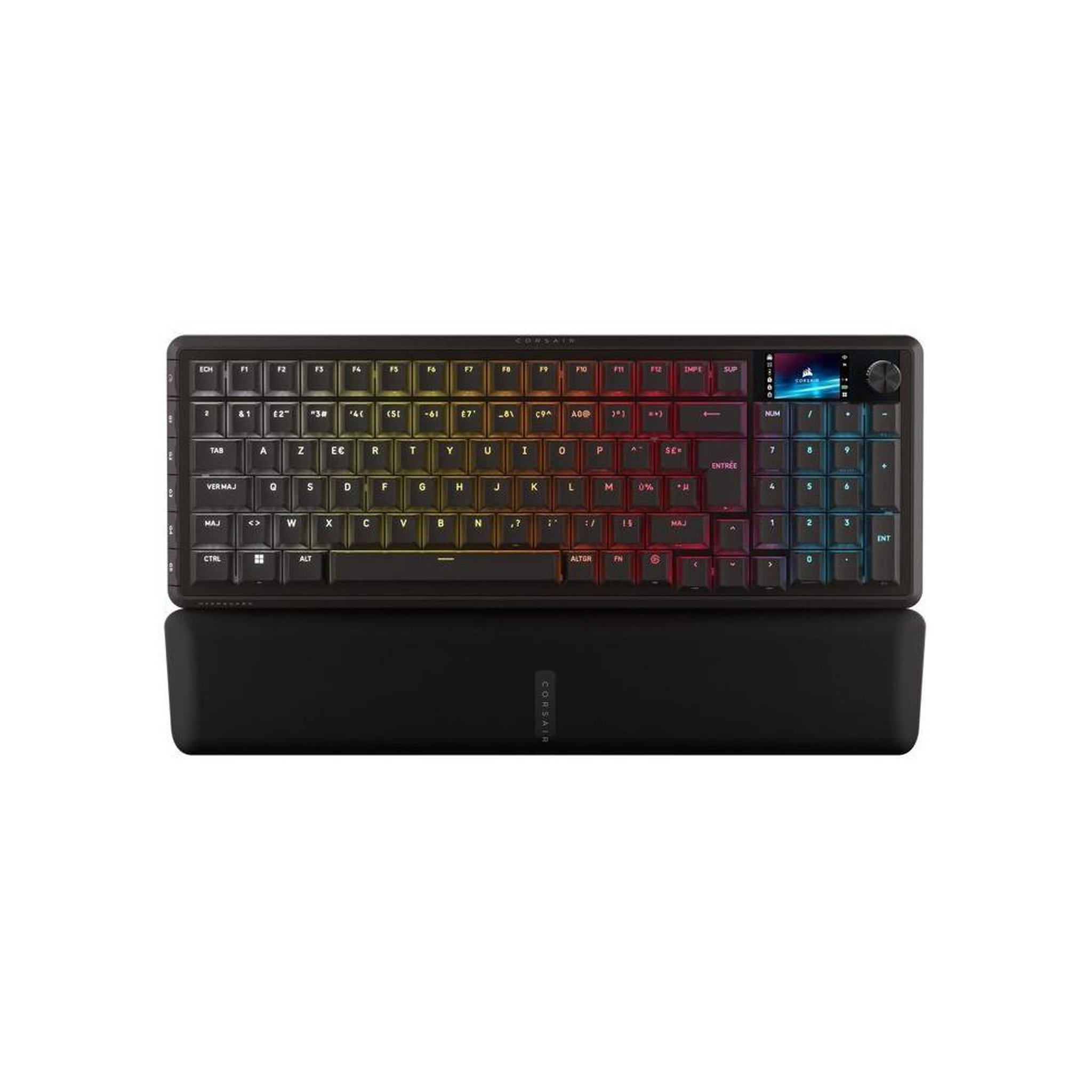 Corsair Clavier gamer mécanique sans fil 96% AZERTY noir MLX Plasma hot-swap avec écran LCD, per-key RGB 16,8 M et molette, tri-mode 2,4 GHz Bluetooth USB-C