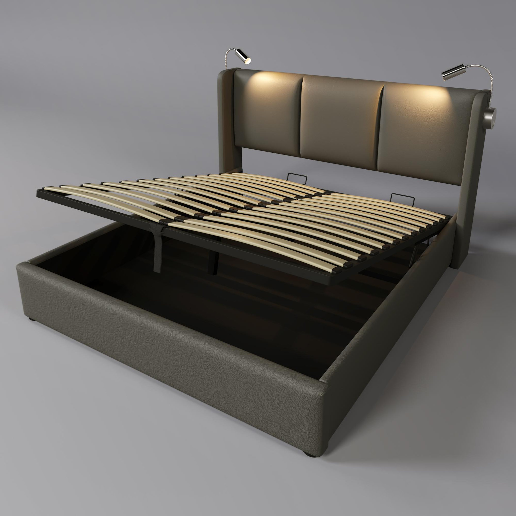 Voir la diapositive 4 : MERAX Lit Rembourré Coffre  Lin Avec USB Et 2 Lampes De Lecture