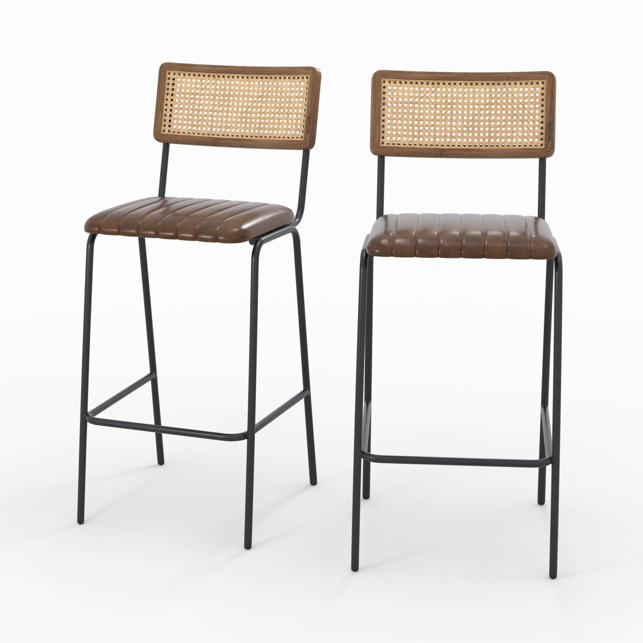 MAISON PAVANE Lot de 2 chaises de bar 76 cm en cannage et cuir marron-arsène