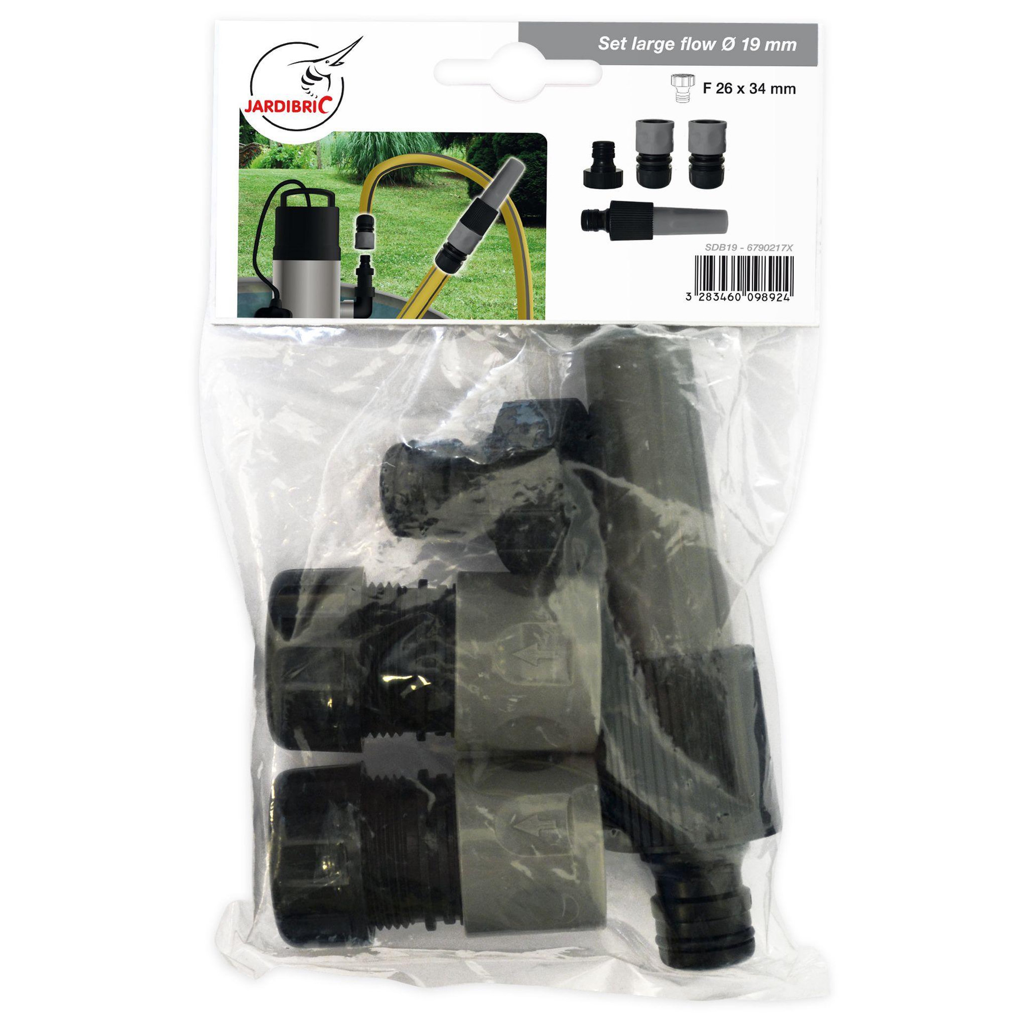 Voir la diapositive 3 : Jardibric Kit lance d'arrosage avec raccords 19 mm et nez de robinet 26x34