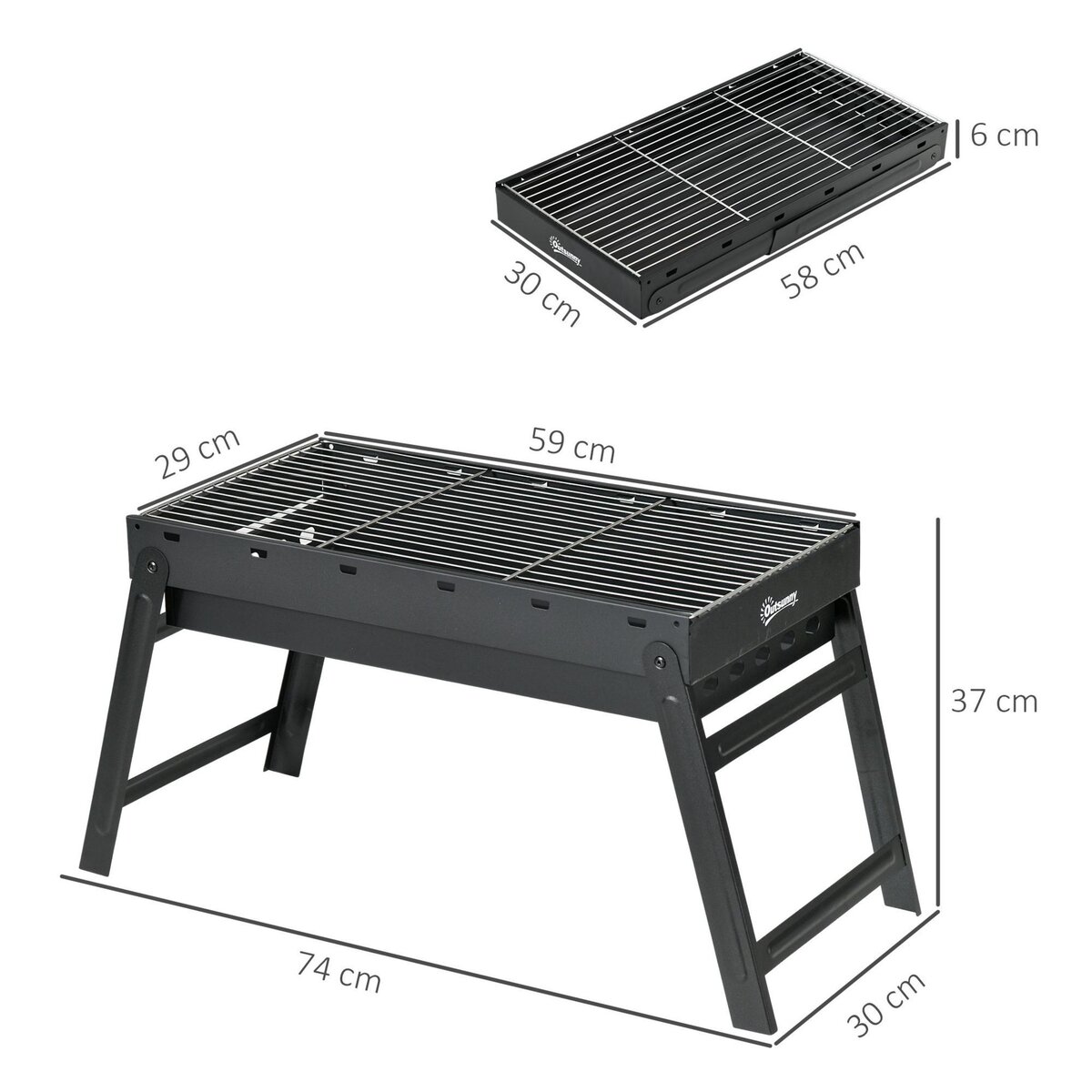 OUTSUNNY Barbecue à charbon de bois pliable portable dim. 74L x 30l x 37H cm avec grille acier noir