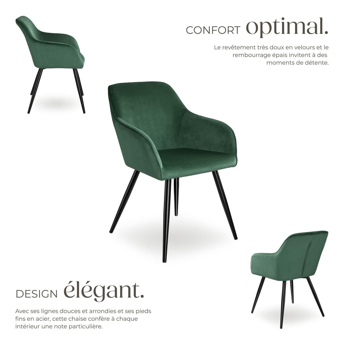 tectake Chaise style scandinave rembourrée aspect velours vert foncé/noir