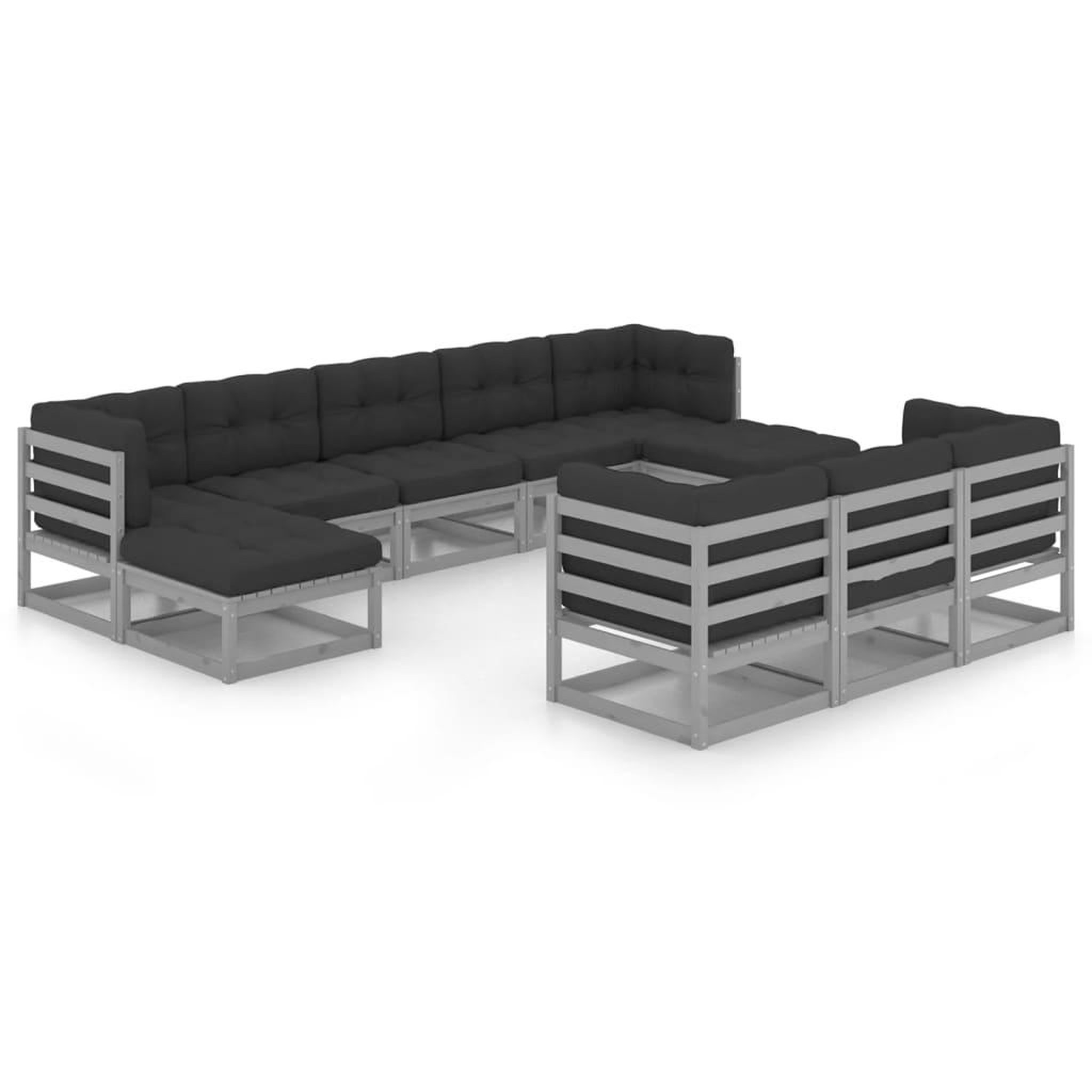 Voir la diapositive 2 : VIDAXL Salon de jardin 10 pcs avec coussins Gris Bois de pin massif