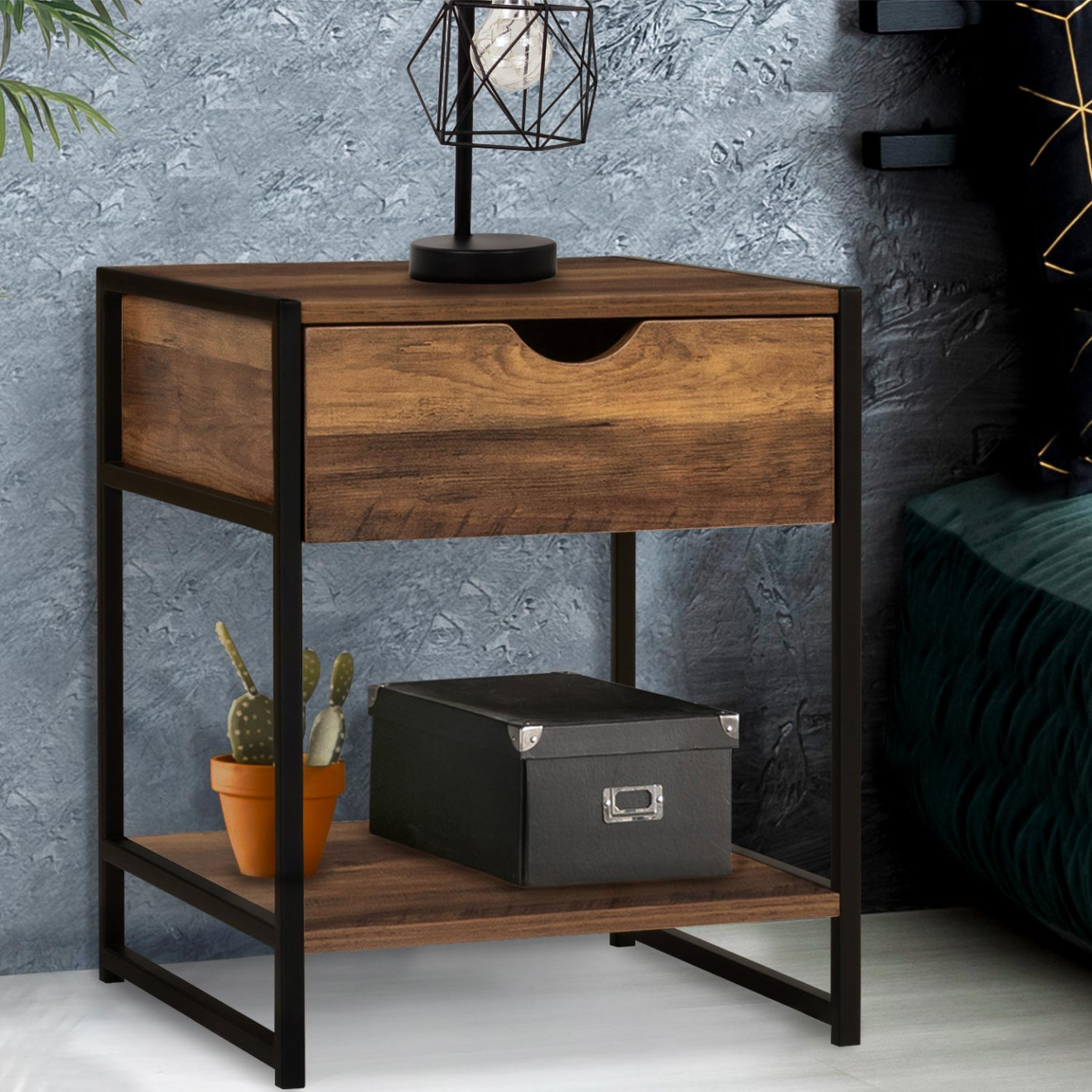 Voir la diapositive 2 : ID MARKET Lot de 2 tables de chevet hawkins 1 tiroir avec tablette bois foncé design industriel