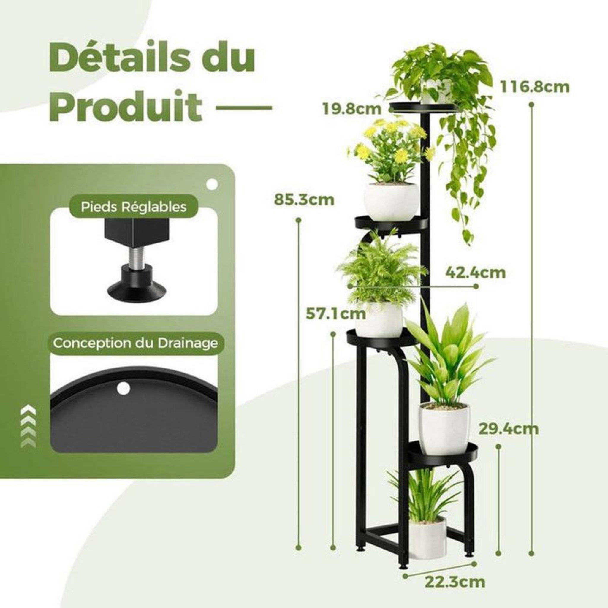 Voir la diapositive 6 : Porte plante spirale 4 niveaux noir en métal, plateaux perforés de drainage, pieds réglables, hauteur 116,8 cm