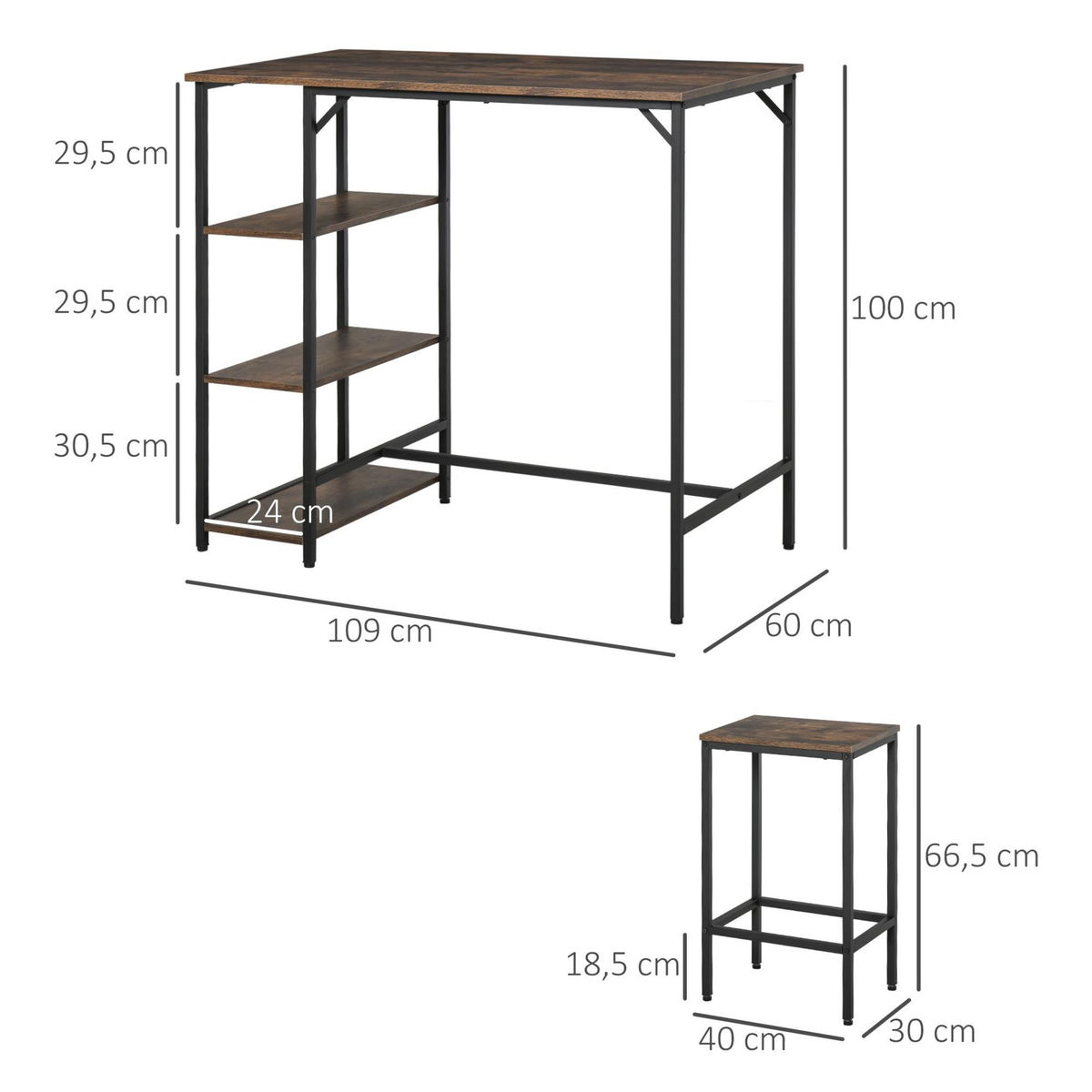 HOMCOM Ensemble table de bar 3 étagères 2 tabourets style industriel métal noir aspect vieux bois veinage