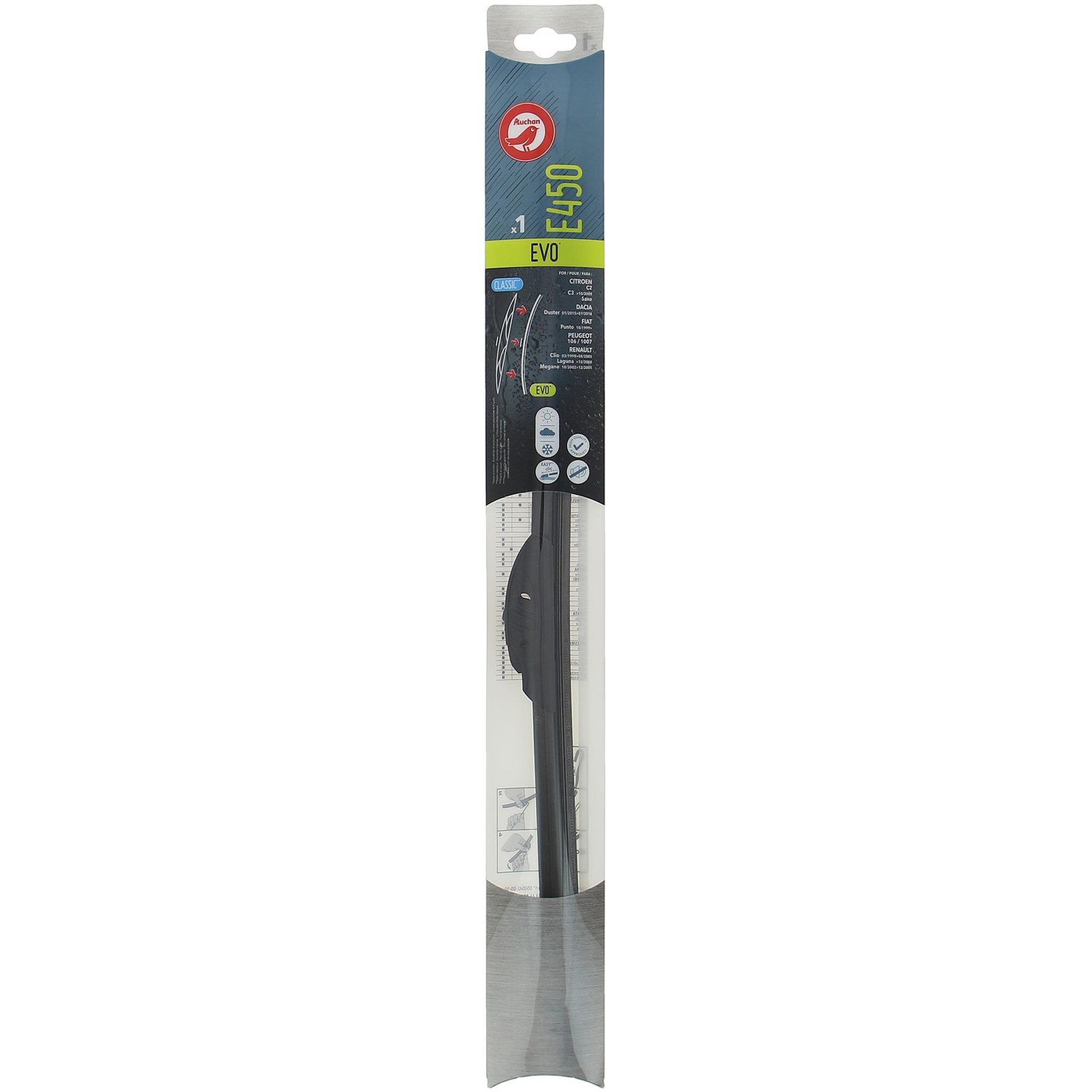 Voir la diapositive 2 : AUCHAN Balai d'essuie-glace EVO E450 45cm pour CITROËN DACIA FIAT PEUGEOT RENAULT