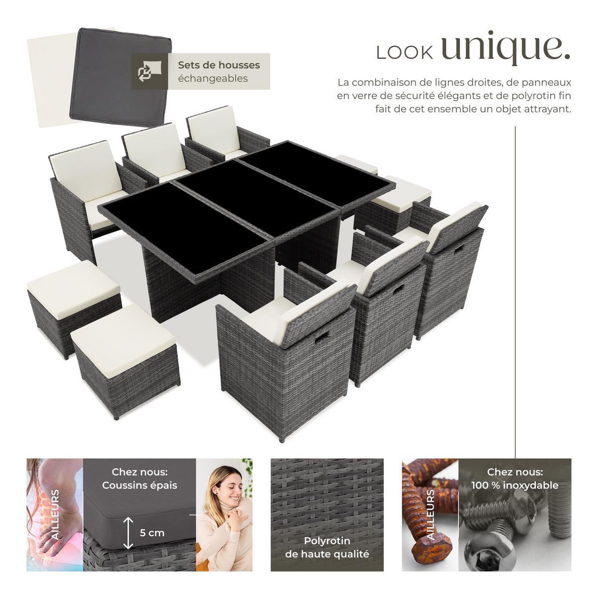 tectake Salon de jardin avec cadre en aluminium gris