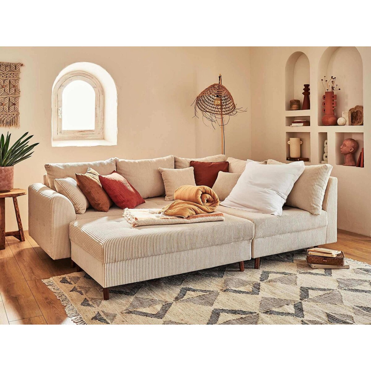 LISA DESIGN Rune - canapé d'angle droit - 4 places - avec pouf d'appoint - en velours côtelé