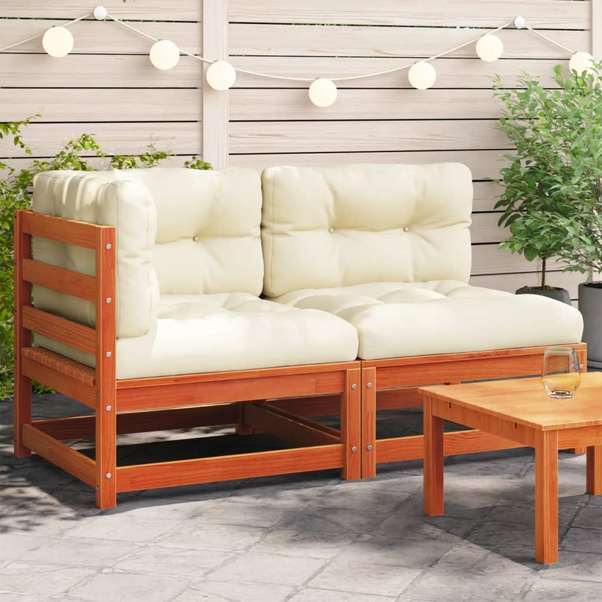 VIDAXL Canape de jardin coussins 2 places cire marron bois pin massif