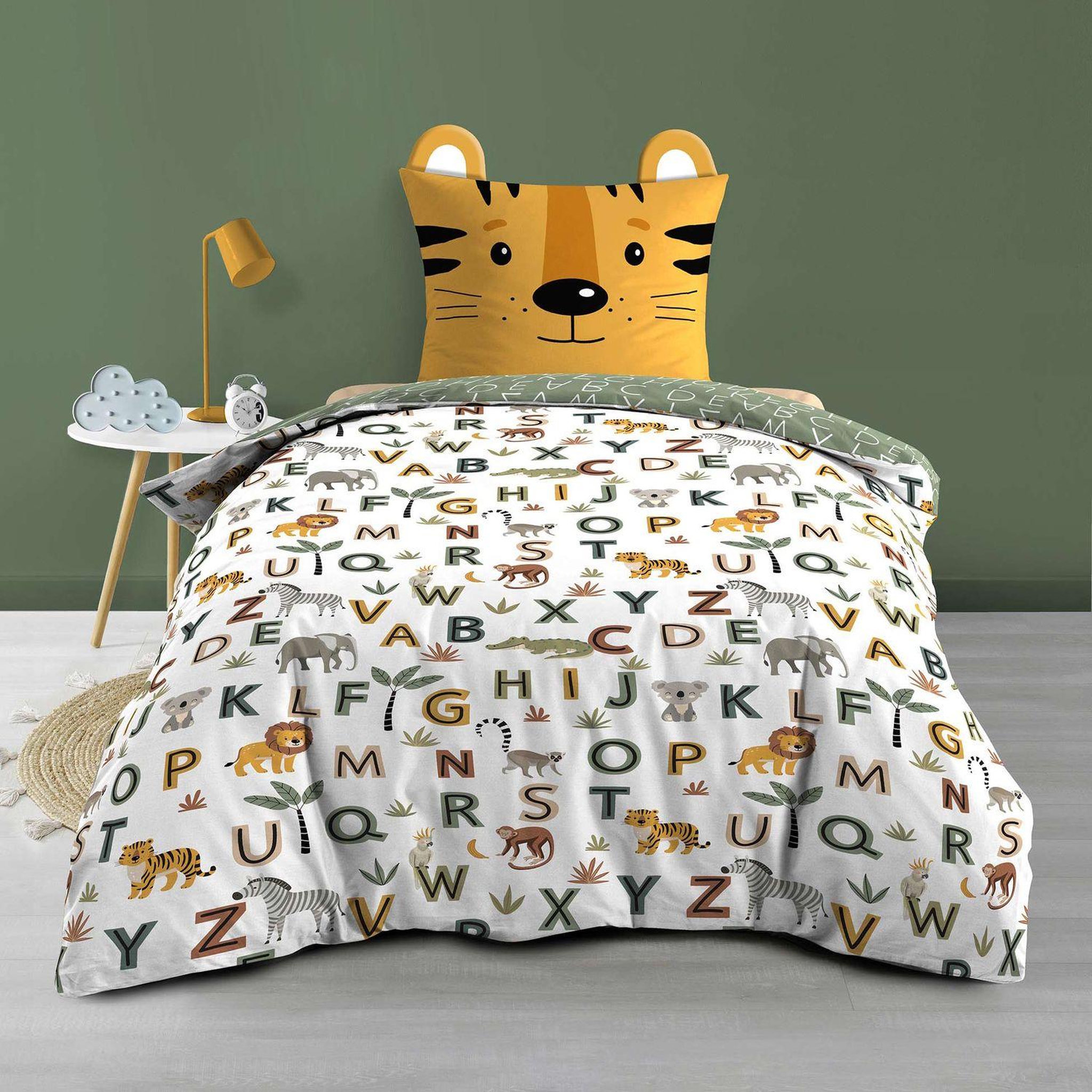 Voir la diapositive 2 : Douceur d'Intérieur Parure de lit enfant réversible TIGRY - Coton 42 fils/cm² - 140 x 200 cm - Vert