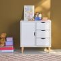 Voir la diapositive 2 : SWEEEK Commode enfant. 1 porte et 3 tiroirs. 2 étagères. blanc. pieds en pin