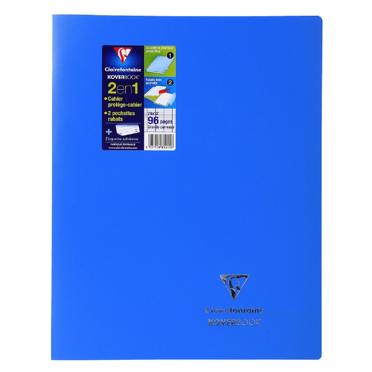 CLAIREFONTAINE  Cahier piqué Koverbook 24x32cm 96 pages grands carreaux Seyes bleu