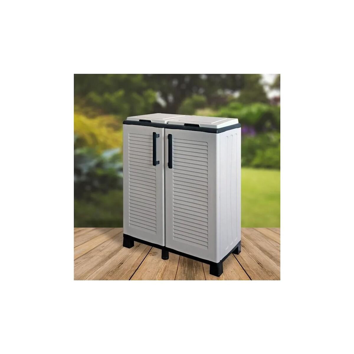 ART PLAST Cache Poubelles de tri Selectif 2 Sacs - Armoire Recyclage 68 x 37 x 90 cm Gris Clair 2 Portes 4 pieds ART PLAST