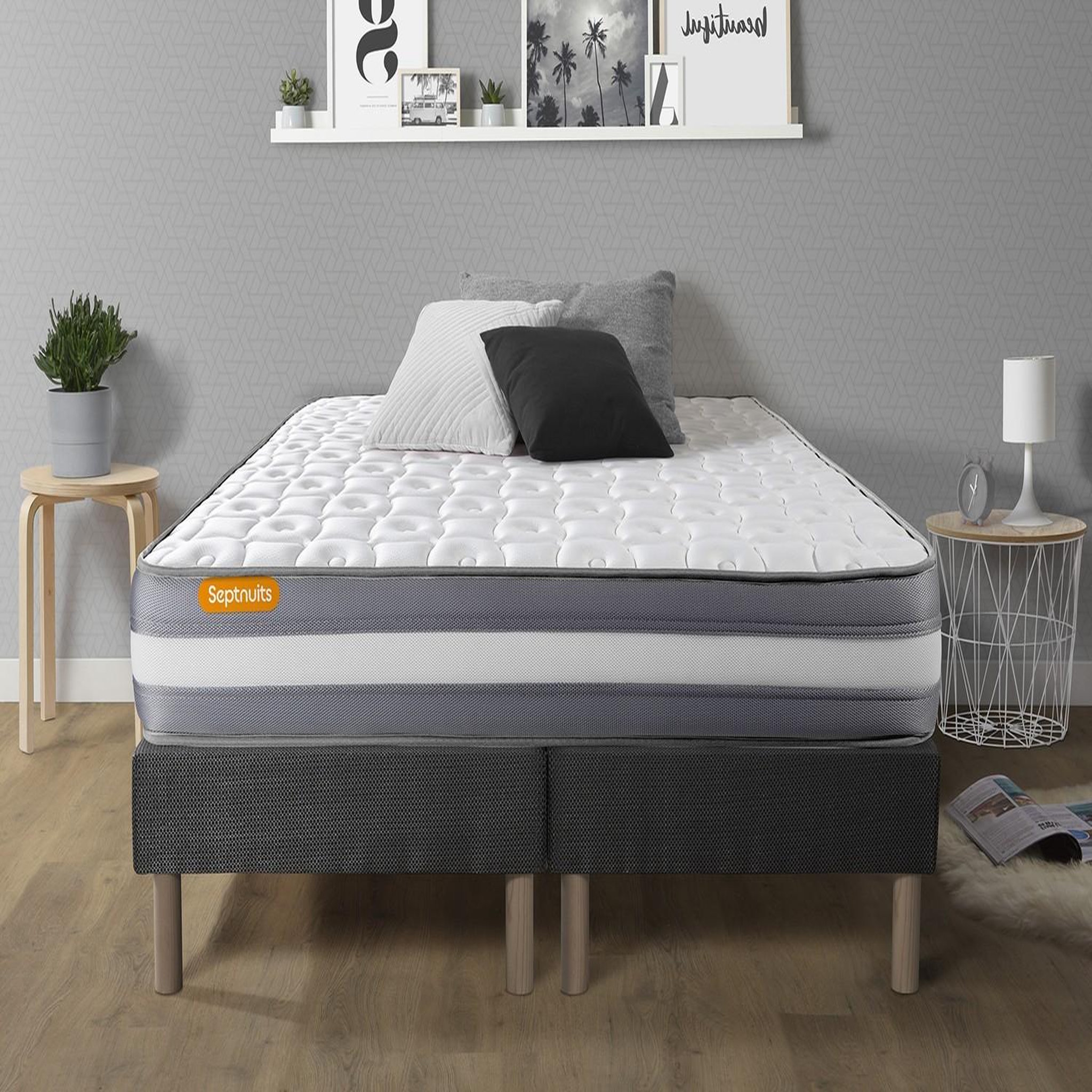 SEPTNUITS Matelas + double sommiers gris Memo Plus Mémoire de forme 3 zones. Coloris disponibles : Gris