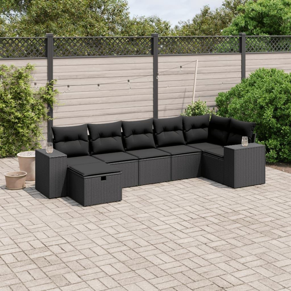 VIDAXL Salon de jardin 7 pcs avec coussins noir resine tressee