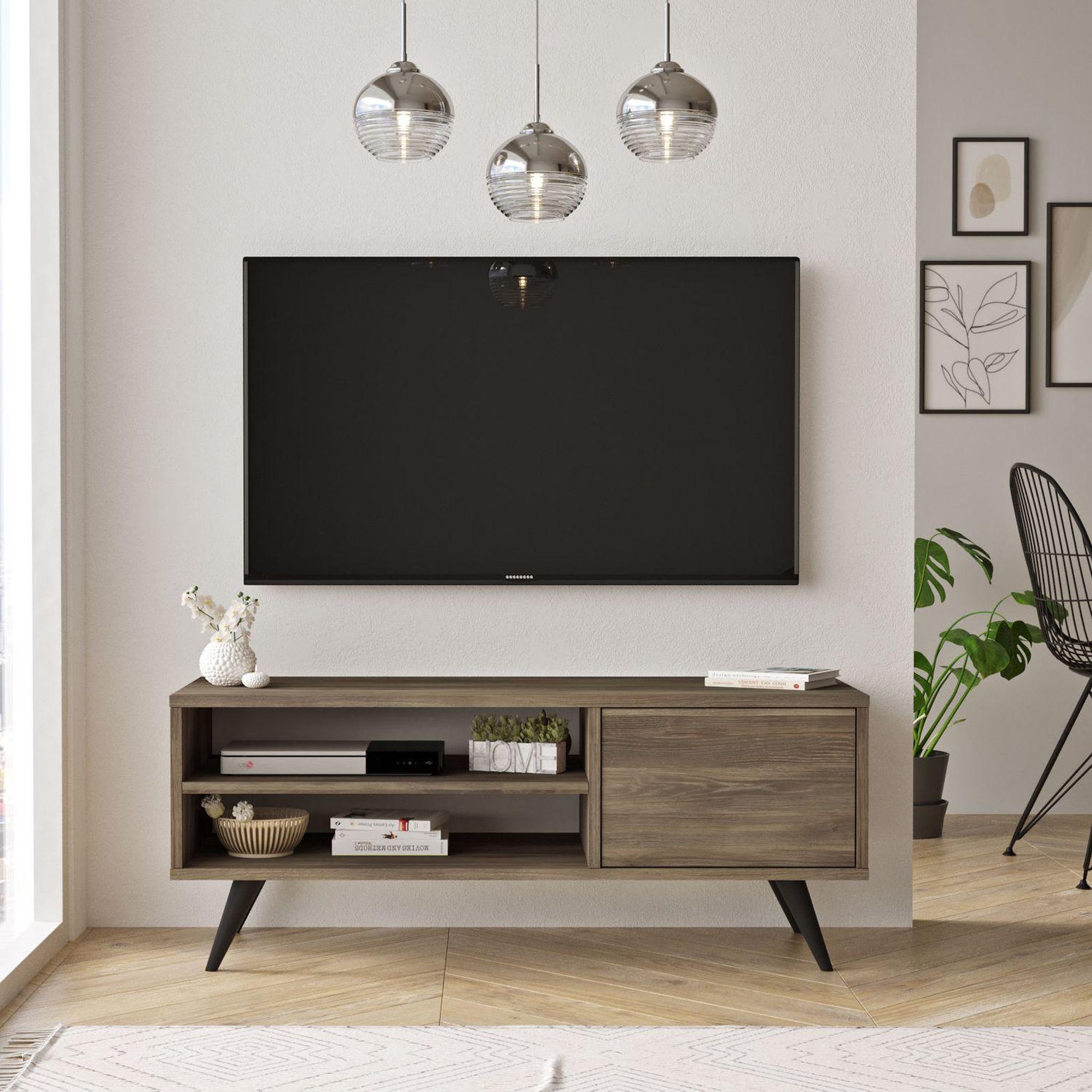 Voir la diapositive 5 : TOILINUX Meuble tv avec 2 niches de rangement ouvertes et une porte abattante en panneaux de particule