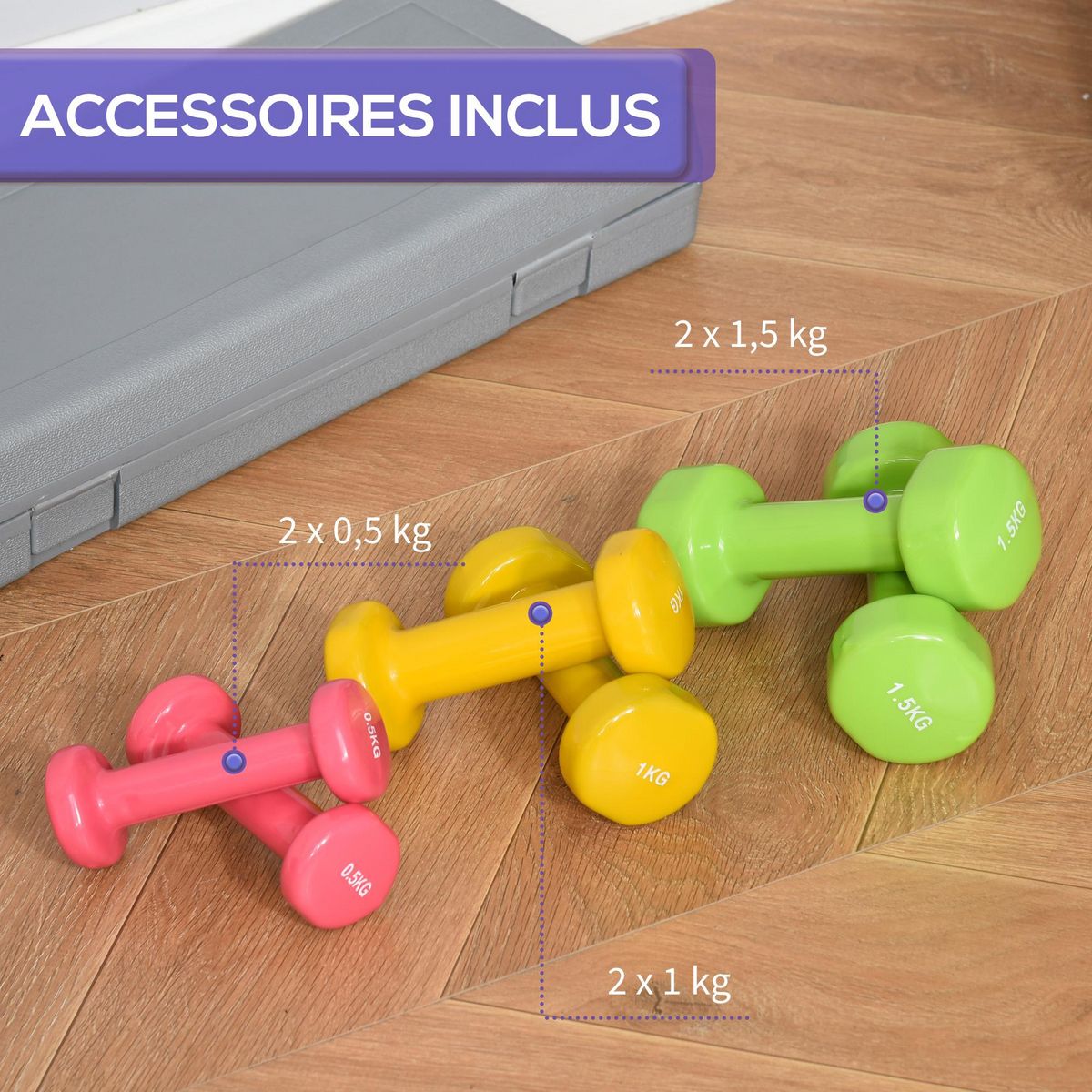 HOMCOM Ensemble d'haltères courtes total 6 Kg - paires de 0,5/1/1,5 Kg avec malette - entraînement musculaire & haltérophilie - acier PU multicolore