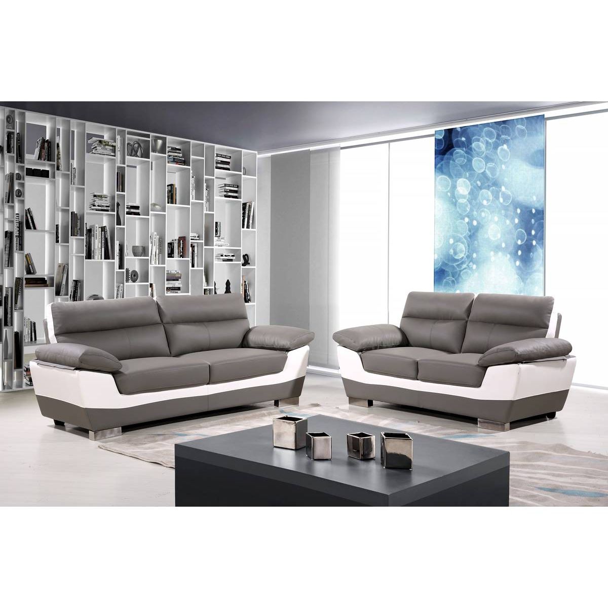 Habitat et Jardin Canapé fixe en cuir reconstitué et PVC   Dallas  - 210 x 88 x 90 cm - 3 places - Gris/Blanc