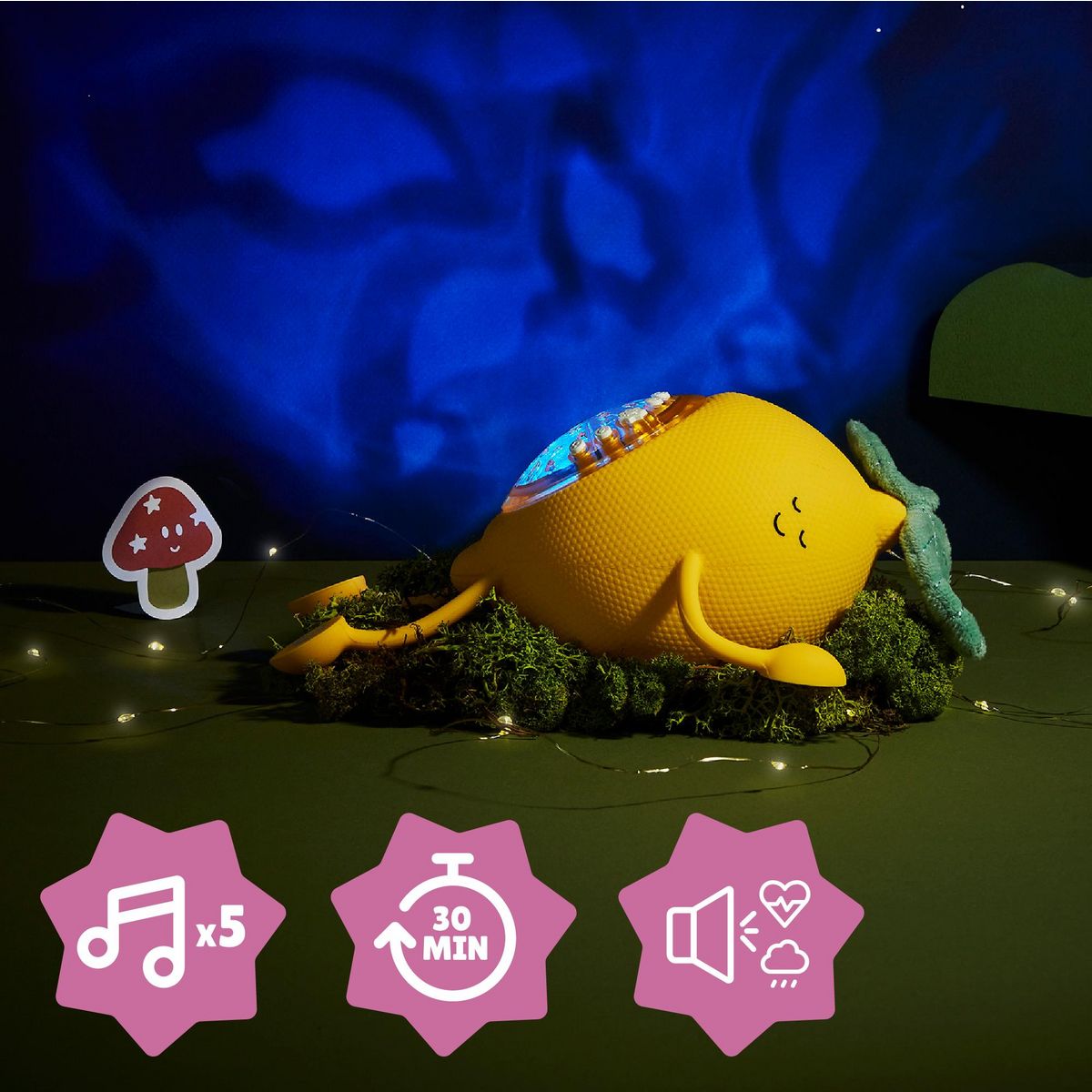 BADABULLE Veilleuse Bébé Projection Lumineuse Basile Badabulle - Berceuses, Bruits Blancs - Programmation 30m