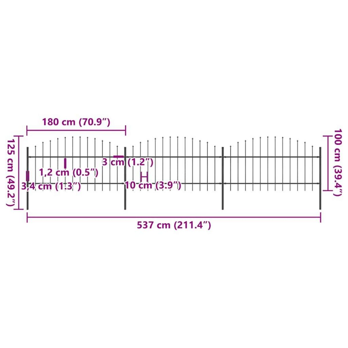 VIDAXL Cloture de jardin avec dessus en forme de lance en acier 537 x 125 cm Noir