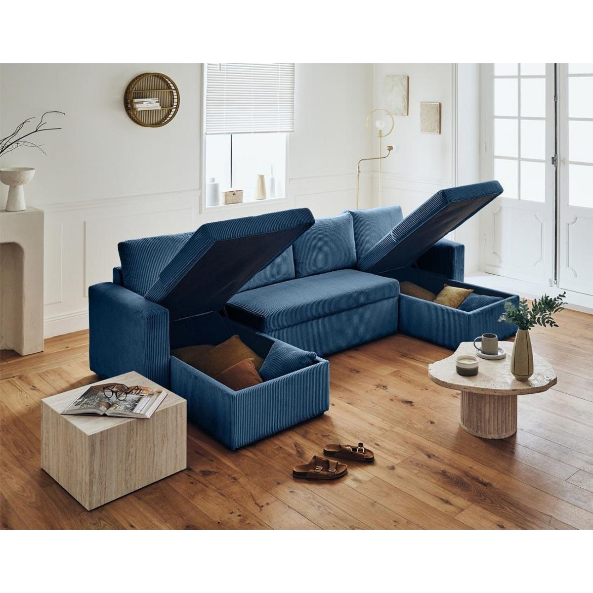 BEST MOBILIER Cyrus - canapé panoramique en u - 7 places - convertible avec coffre - en velours côtelé