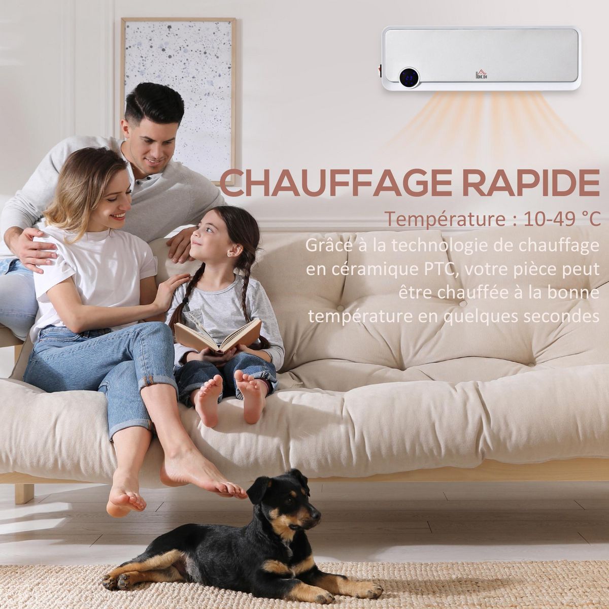 HOMCOM Radiateur mural soufflant oscillant 2000 W - chauffage céramique PTC - 3 niveaux de puissance - télécommande incluse blanc argenté