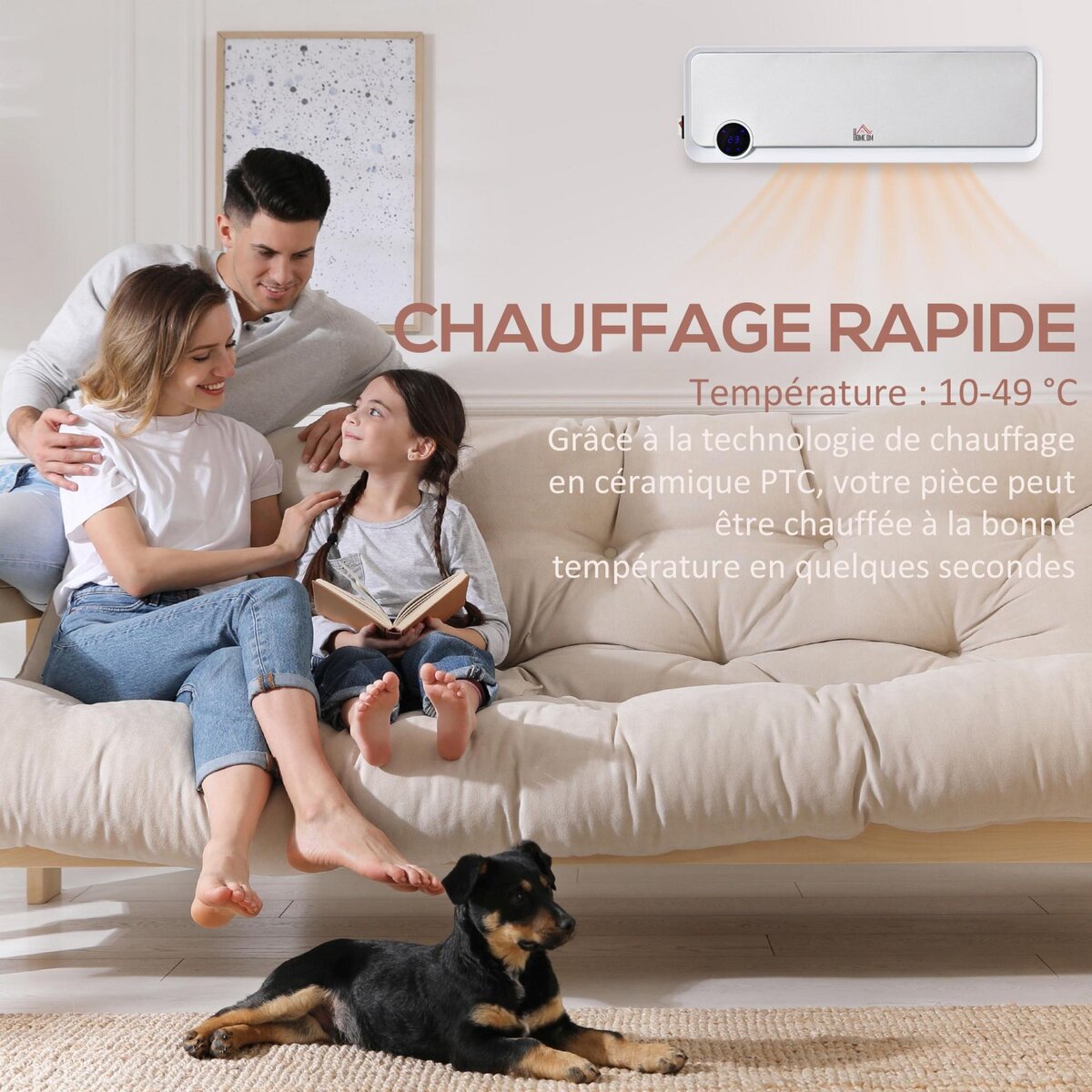 HOMCOM Radiateur mural soufflant oscillant 2000 W - chauffage céramique PTC - 3 niveaux de puissance - télécommande incluse blanc argenté