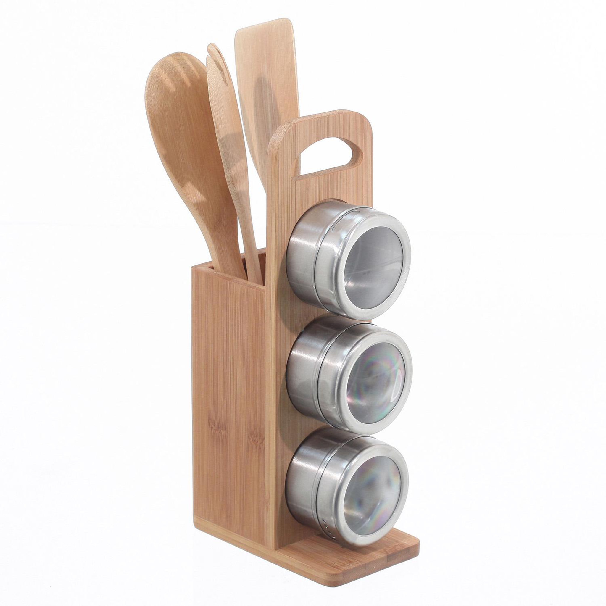 SECRET DE GOURMET Support à épices 3 pièces et 3 ustensiles de cuisine - bambou et acier inox