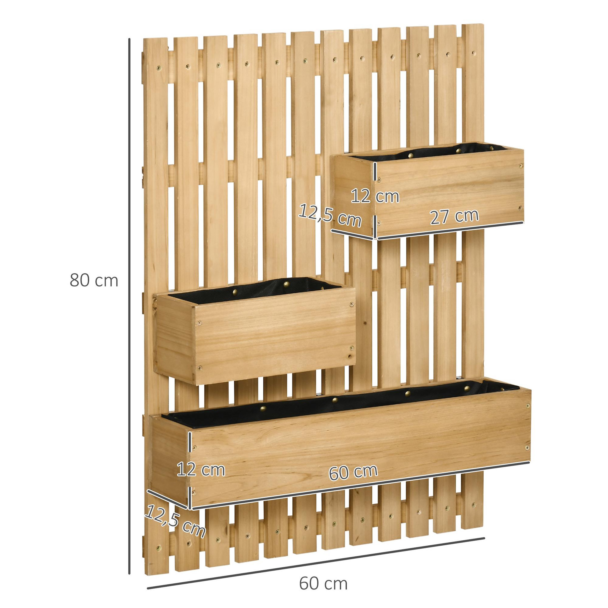 Voir la diapositive 3 : OUTSUNNY Jardinière murale avec treillis - lot de 3 jardinières murales - dim. 60L x 16l x 80H cm - bois sapin pré-huilé