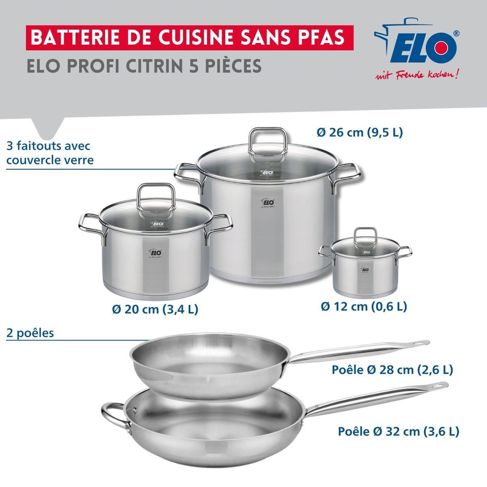 Voir la diapositive 2 : ELO Ensemble de 2 poêles de cuisson 28 et 32 cm et 3 faitouts 12, 20 et 26 cm elo profi citrin