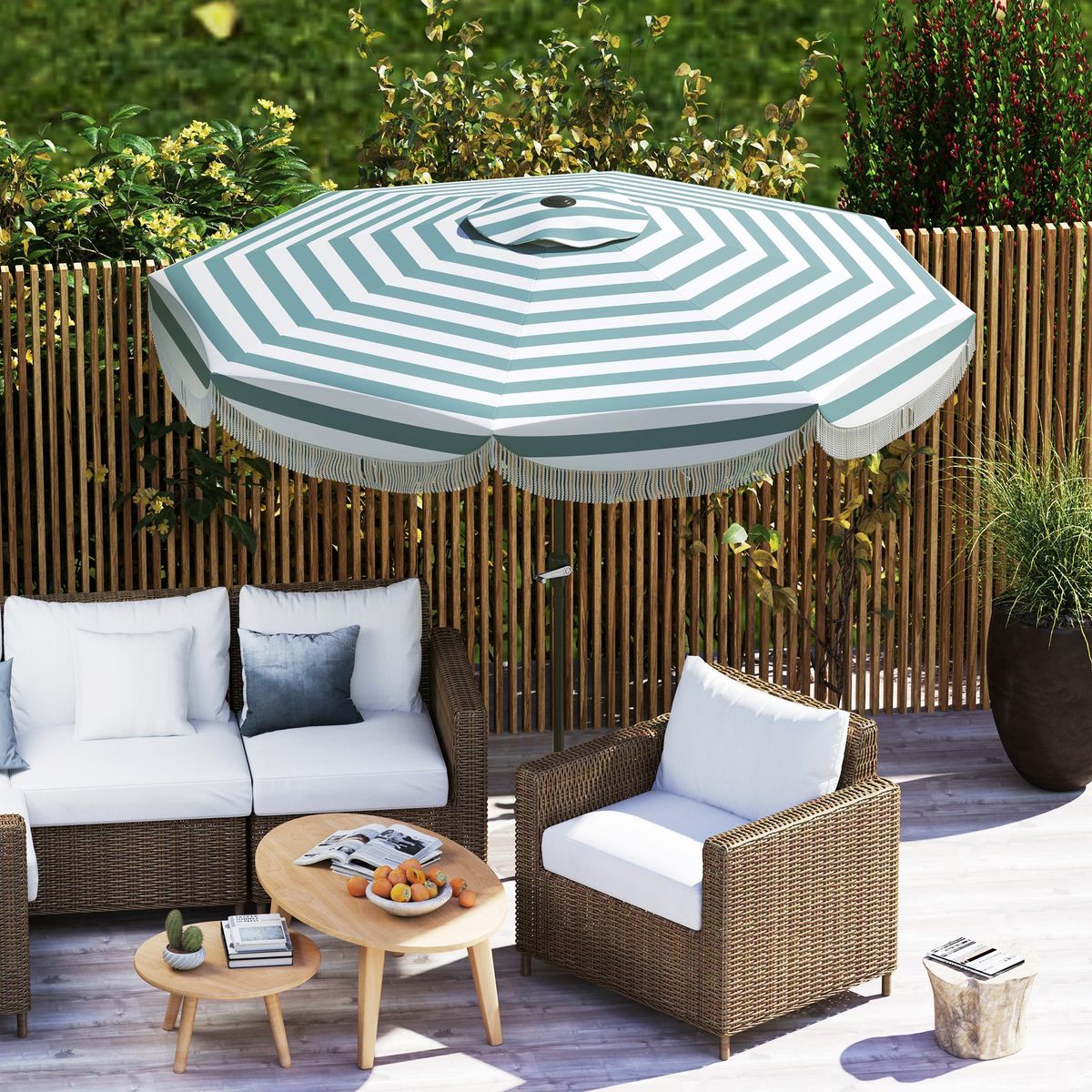 OUTSUNNY Parasol de jardin à franges inclinable dia.2,7 x 2,4m métal tissu UPF 30+ bleu blanc rayé