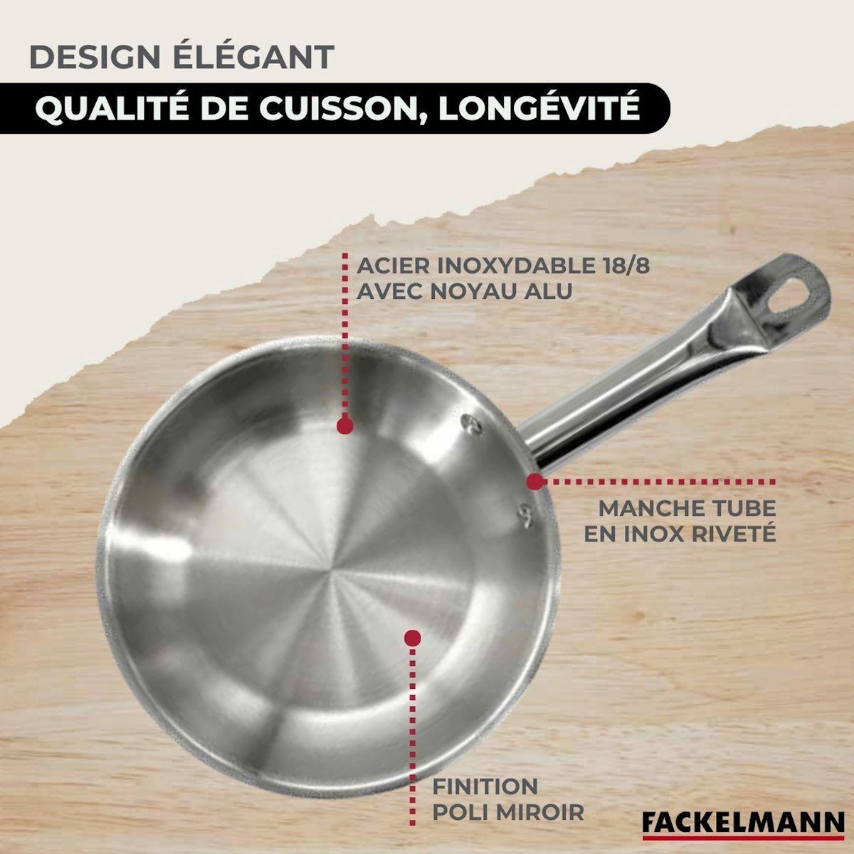 Fackelmann Set 2 poêles 24 28 cm en inox, 2 couvercles verre, 3 faitouts inox 16, 20 et 24 cm et 6 ustensiles RPET Fackelmann Eterna