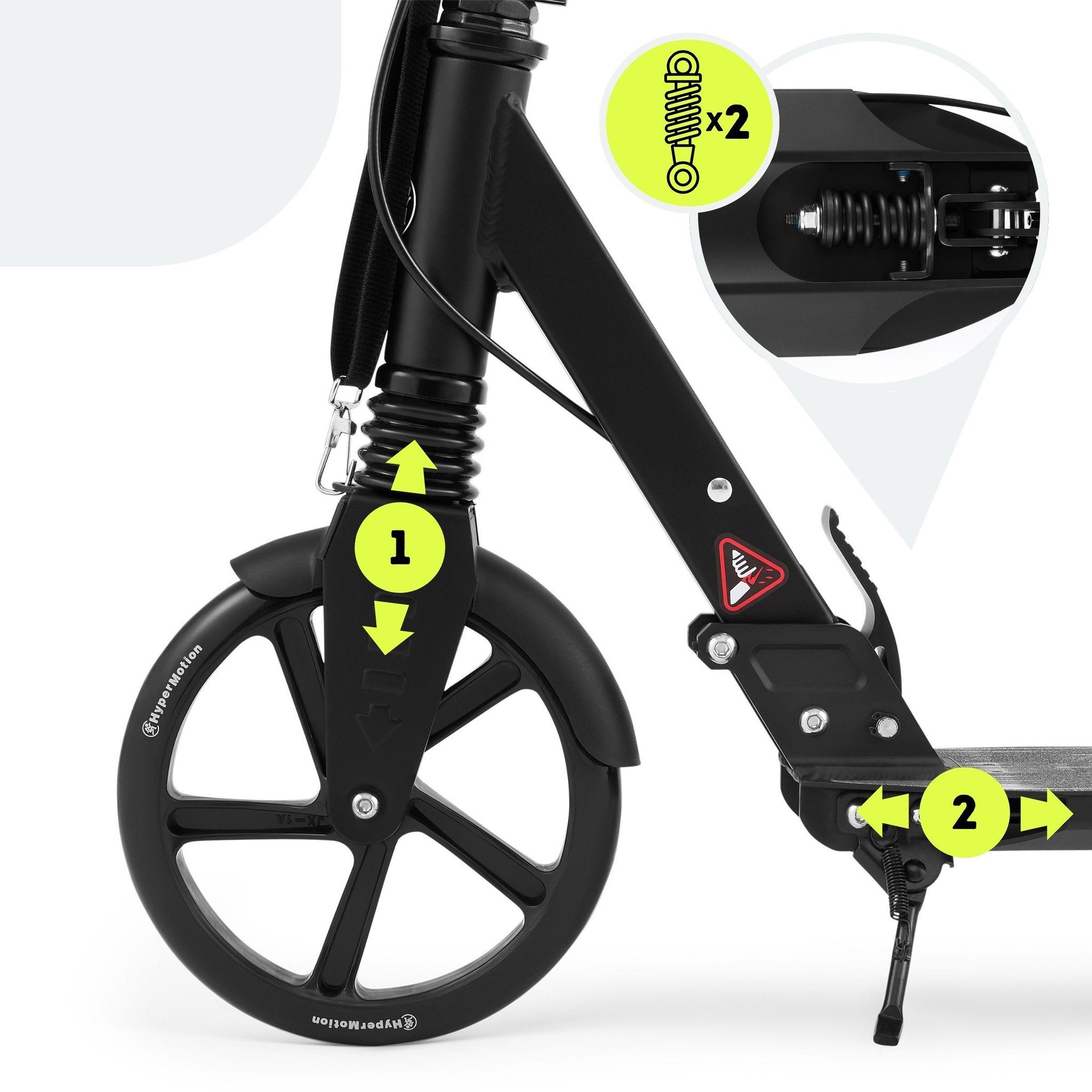 Voir la diapositive 3 : MAMABRUM Trottinette Enfant Noire jusqu'à 100kg - 2 amortisseurs - Pliable - 2 Freins- Aluminium- ABEC-7