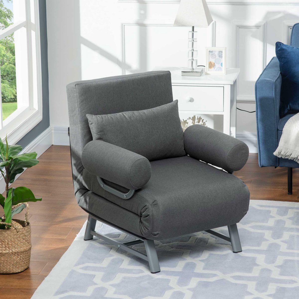 HOMCOM Fauteuil chauffeuse canapé-lit convertible inclinable 1 place grand confort coussin lombaires accoudoirs piètement métal lin gris foncé