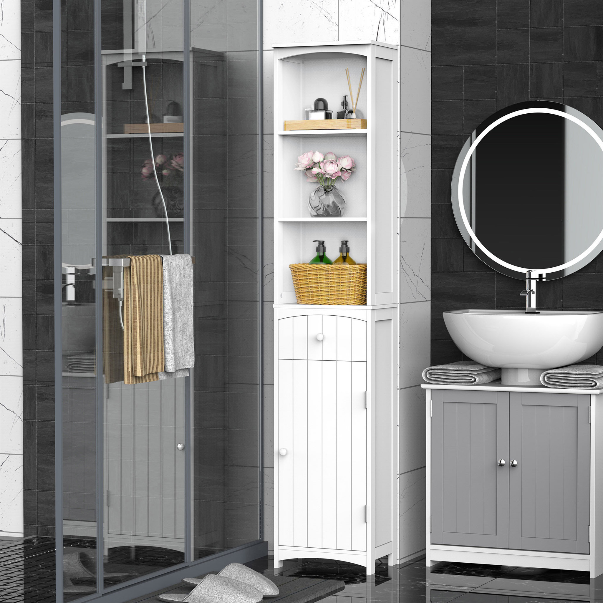 Voir la diapositive 4 : HOMCOM Meuble colonne de salle de bain moderne 34L x 24l x 170H cm blanc