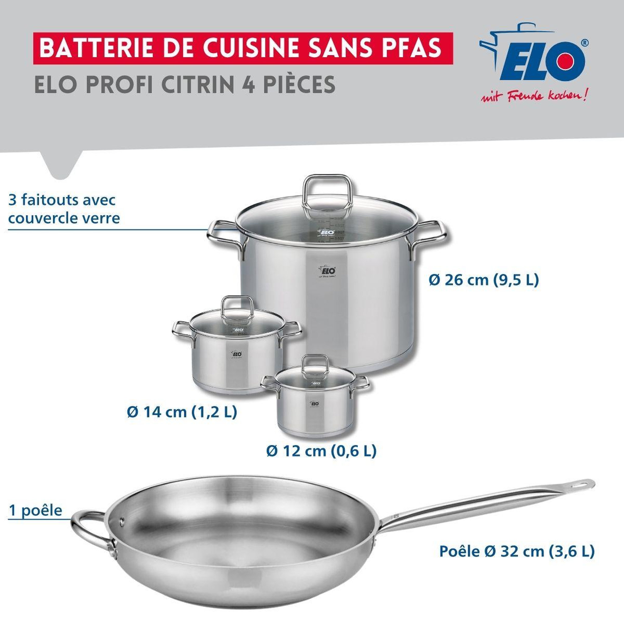 Voir la diapositive 2 : ELO Set de 1 poêle de cuisson 32 cm et 3 faitouts 12, 14 et 26 cm elo profi citrin