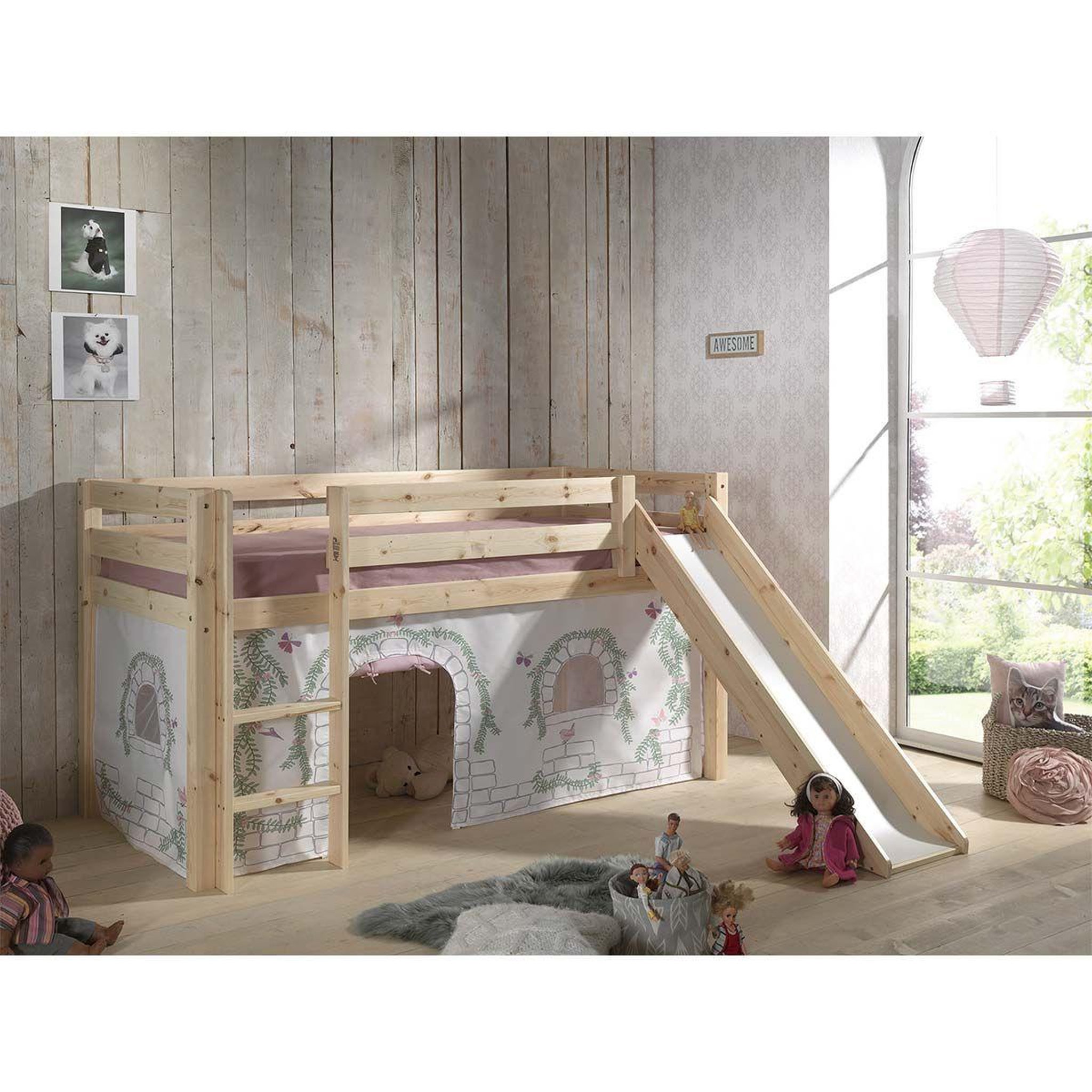 Voir la diapositive 3 : Paris Prix Pack - lit enfant toboggan & tente  pino birdy  naturel