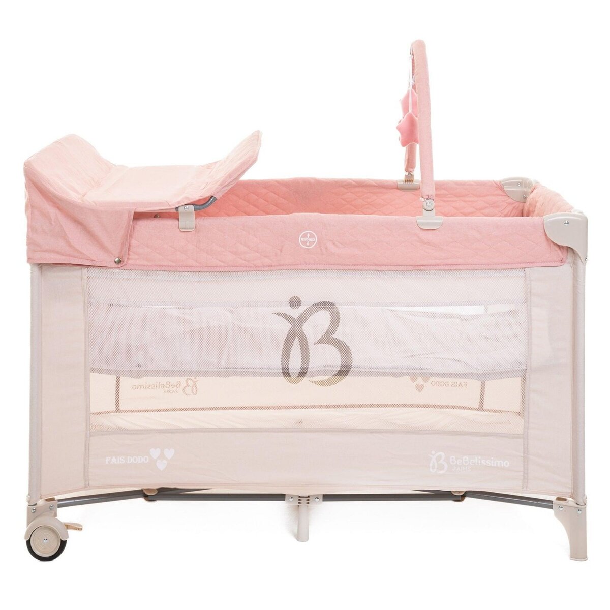 BEBELISSIMO BEBELISSIMO - Lit parapluie bébé - lit pliant - dès la naissance - Fais dodo  - table à langer et jouets - rose