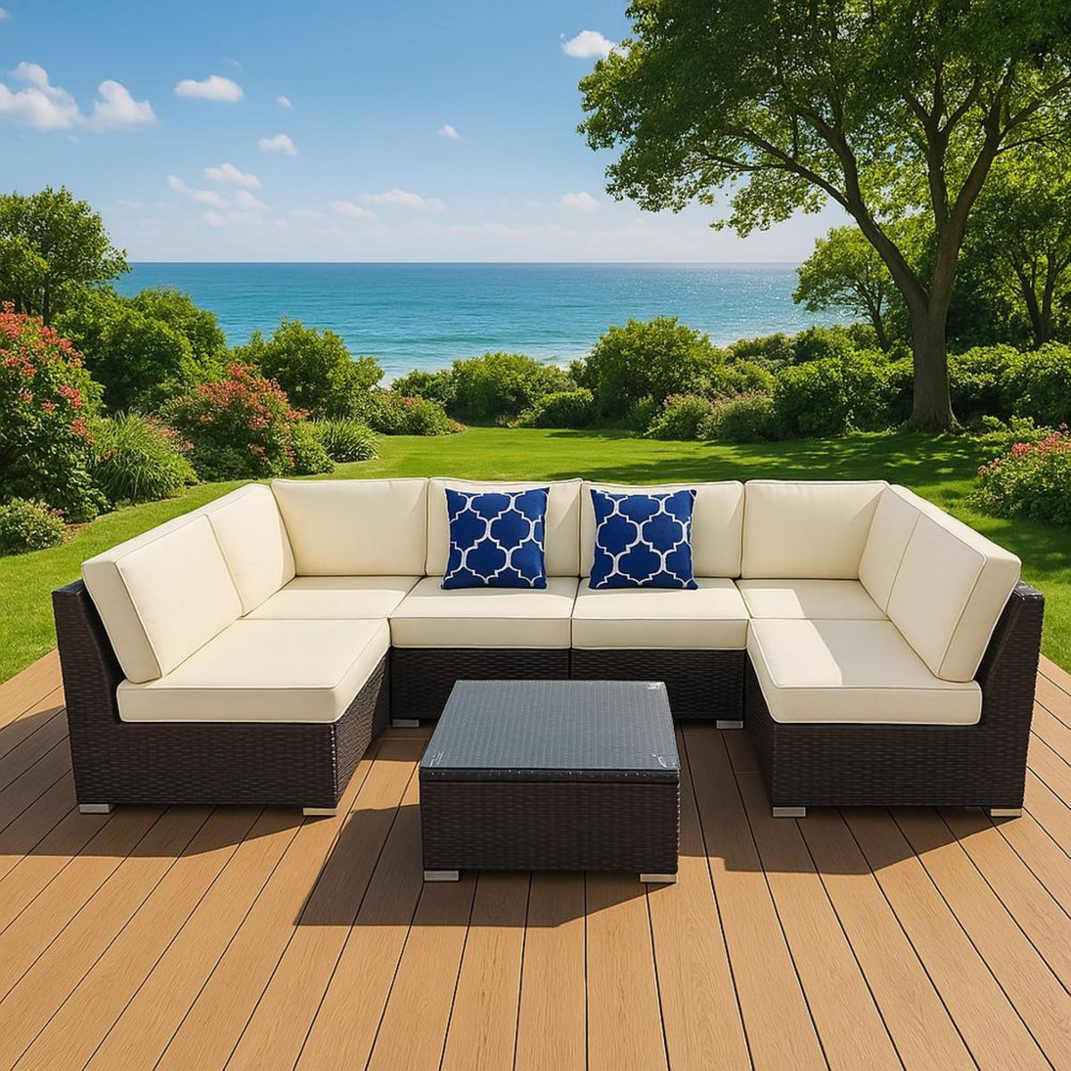 CONCEPT USINE Salon de jardin modulable 6 places en résine tressée - marron et beige ALDABRA