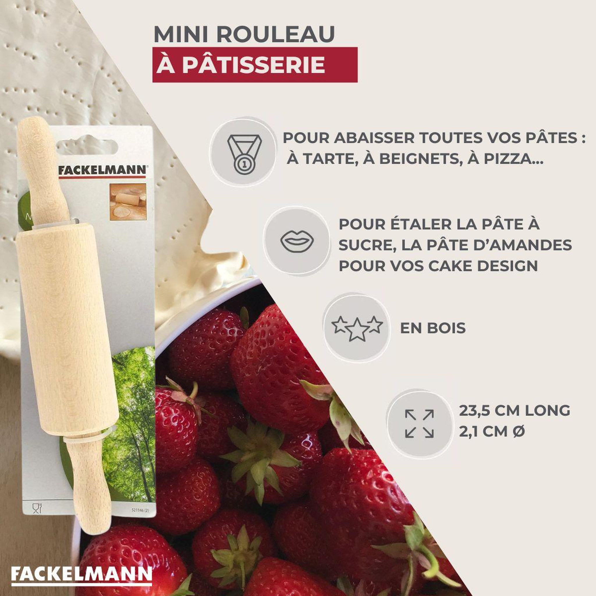 Voir la diapositive 3 : Fackelmann Ensemble de 2 petits rouleaux à pâtisserie en bois 23,5 cm fackelmann wood edition