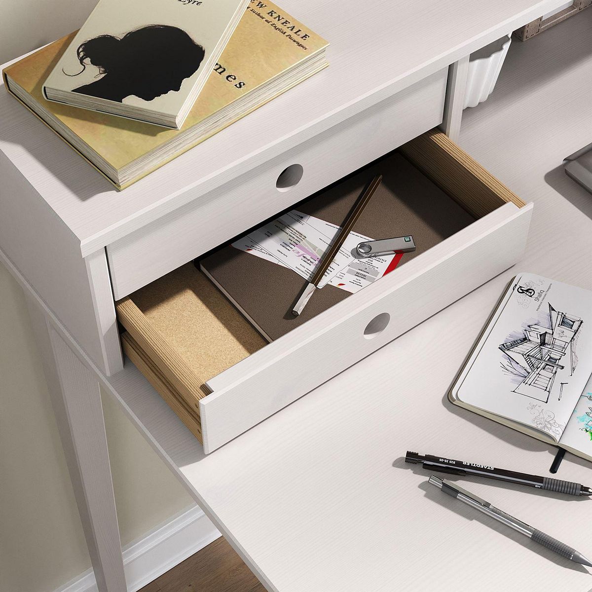 IDIMEX Bureau MILANO en pin massif avec 4 tiroirs et 1 niche