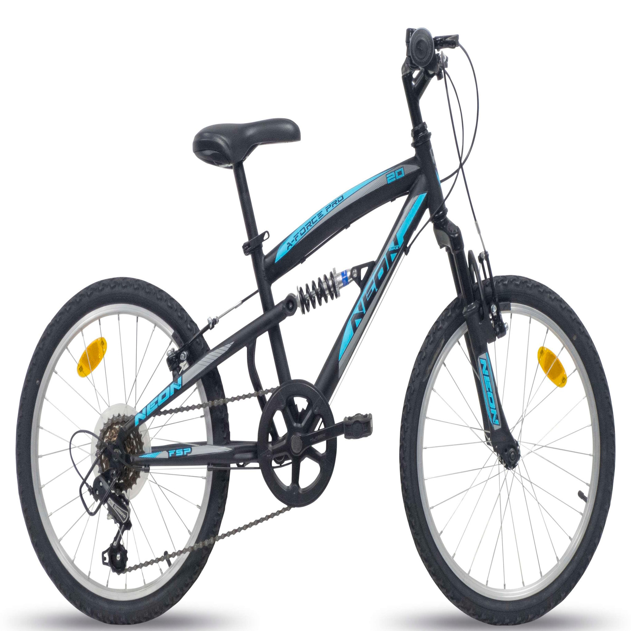 Vélo enfant (120/140 cm) - VTT 20  avec cadre et fourche suspendu, 6 vitesses via une poignée tournante et dérailleur Shimano TY21 + freins V-Brake et jantes en aluminium