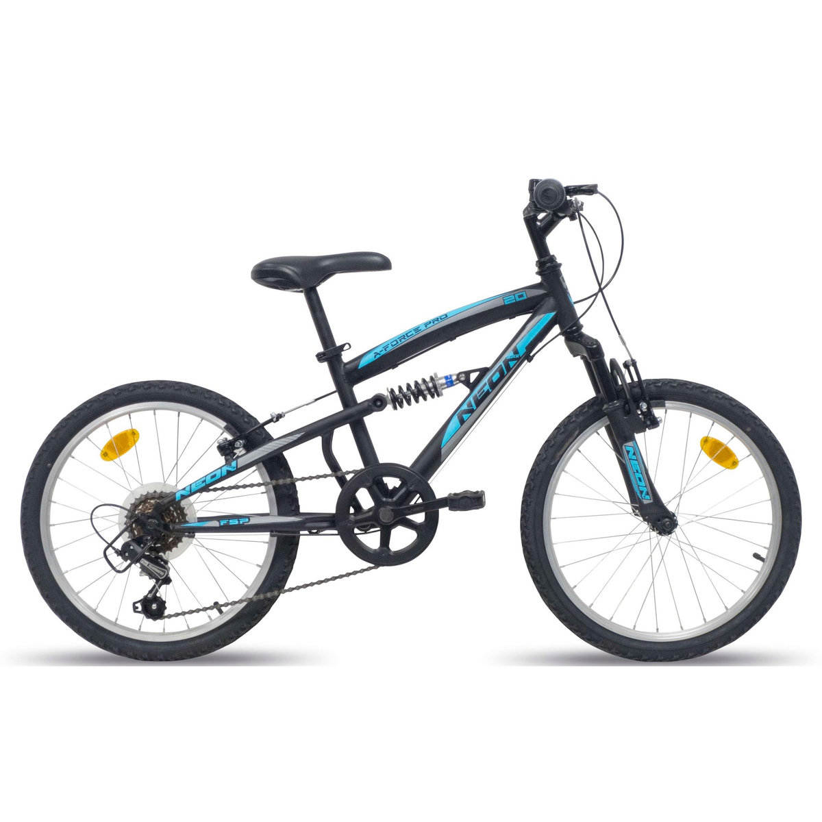 Vélo enfant (120/140 cm) - VTT 20  avec cadre et fourche suspendu, 6 vitesses via une poignée tournante et dérailleur Shimano TY21 + freins V-Brake et jantes en aluminium