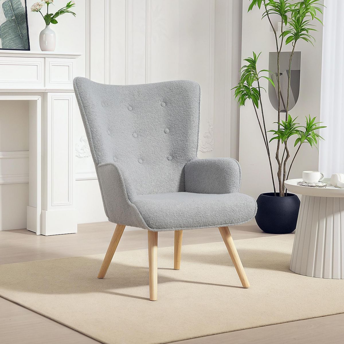 HOMCOM Fauteuil à oreilles style nordique piètement bois effet laine bouclée gris