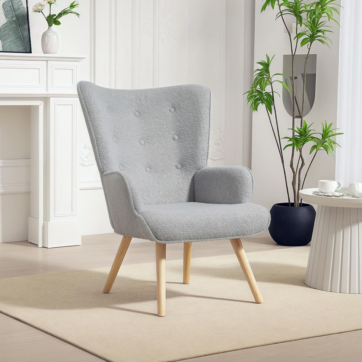 HOMCOM Fauteuil à oreilles style nordique piètement bois effet laine bouclée gris