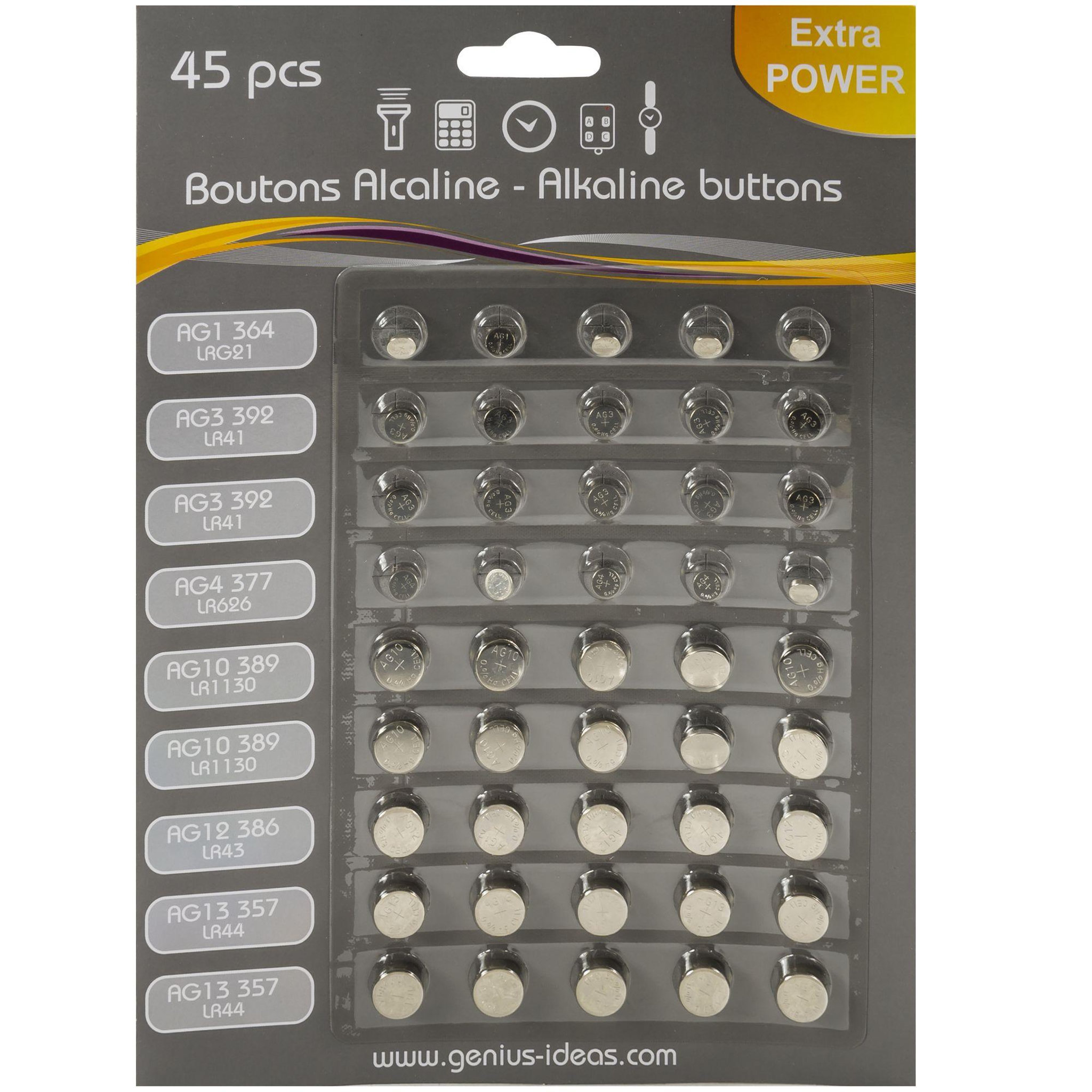 Voir la diapositive 2 : Genius ideas Lot de 45 piles boutons alkalines