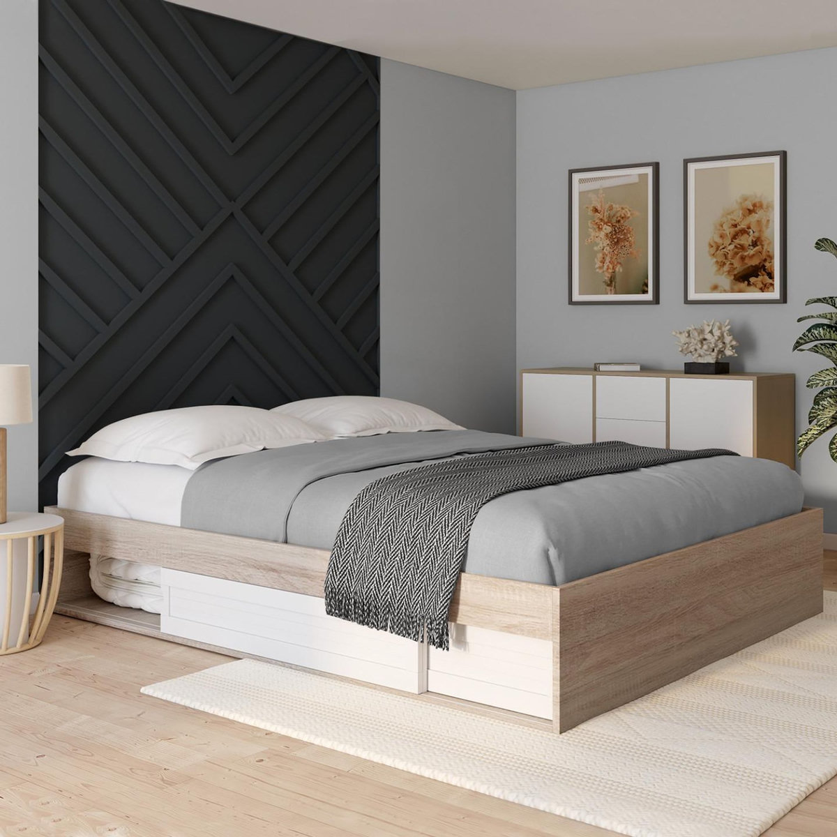 ID MARKET Cadre de lit double SALEM avec rangements et sommier 160 x 200 cm façon hêtre et blanc