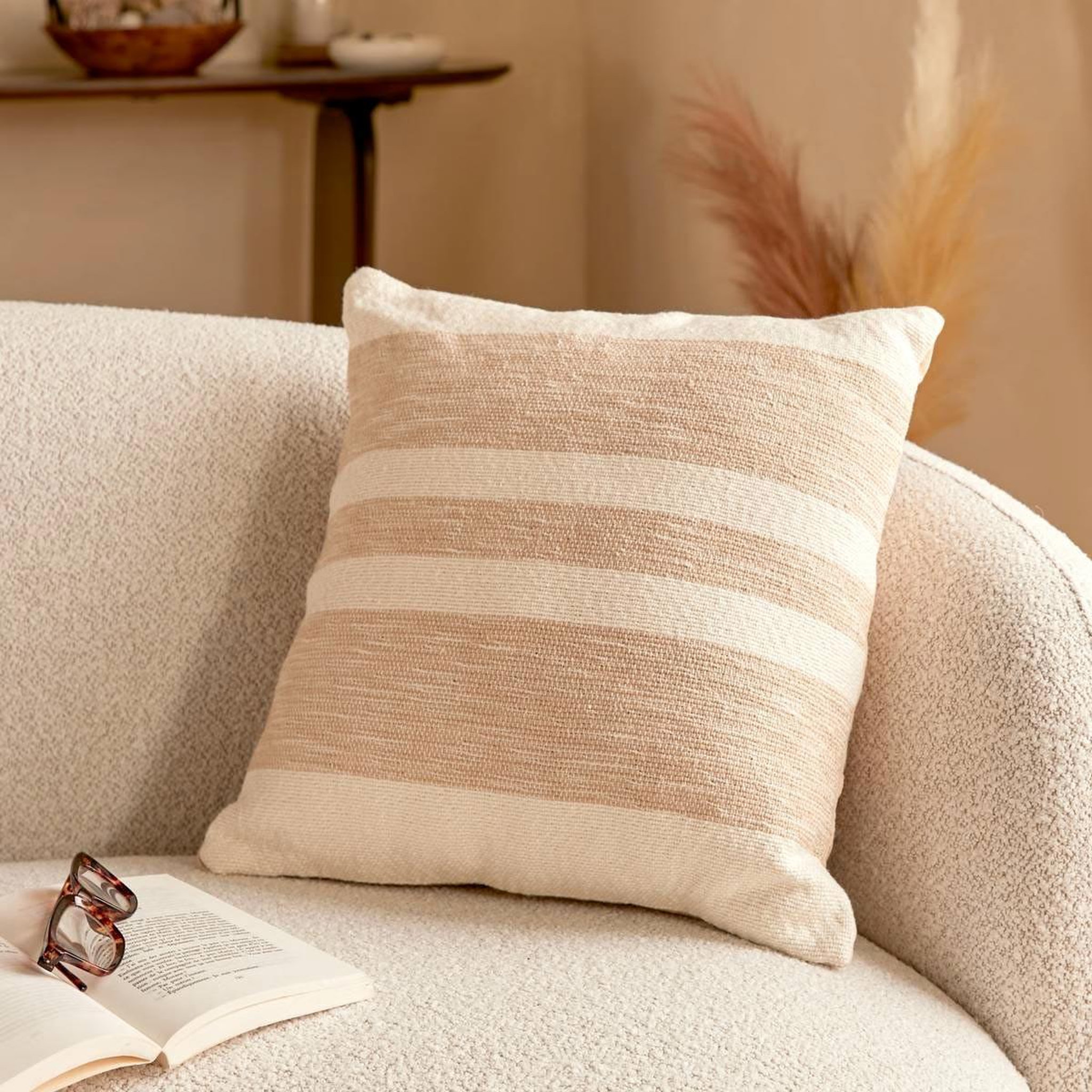 Voir la diapositive 6 : ATMOSPHERA Coussin à rayures effet jute  laini  45x45cm naturel
